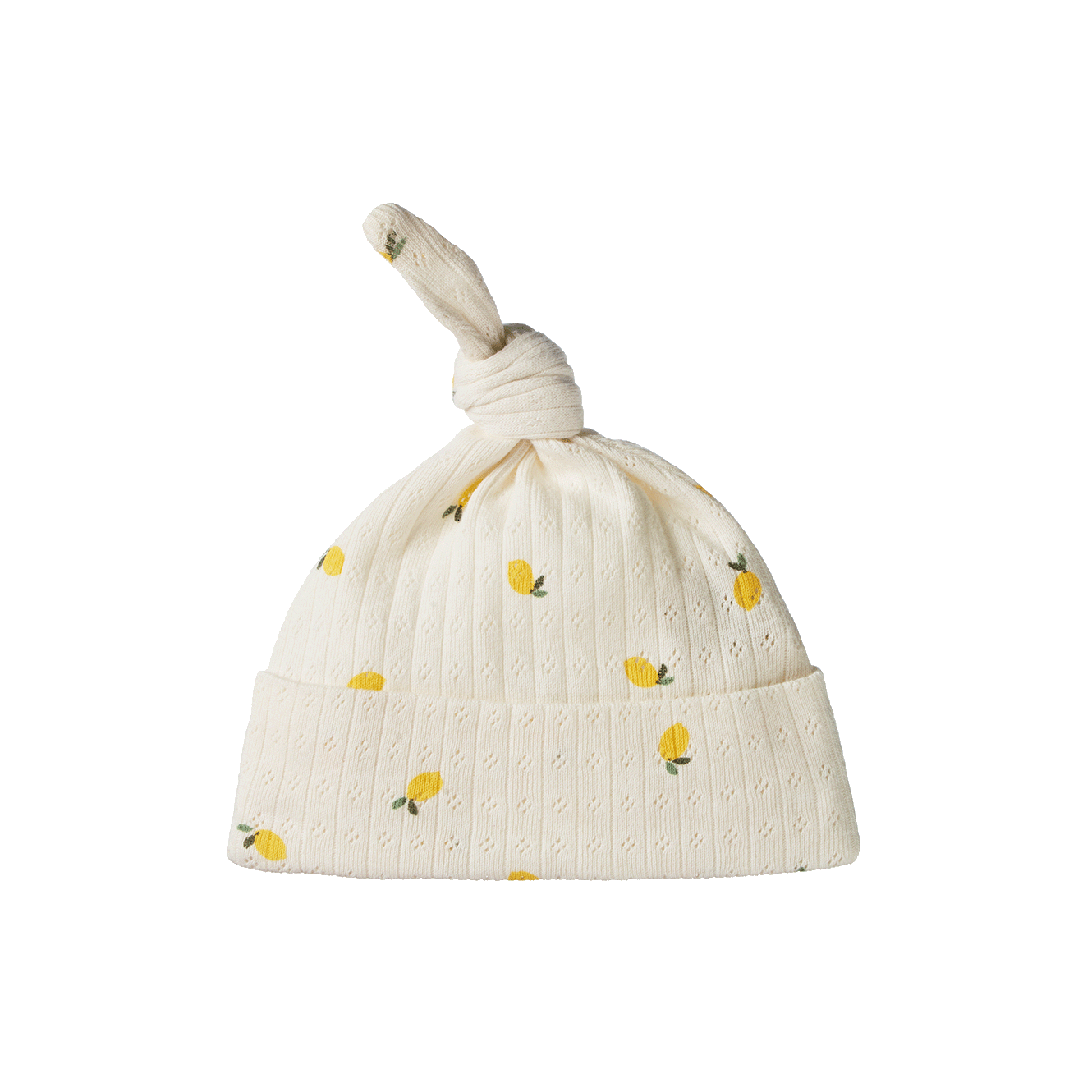 KNOTTED BEANIE POINTELLE - Lemon Print | Nature Baby