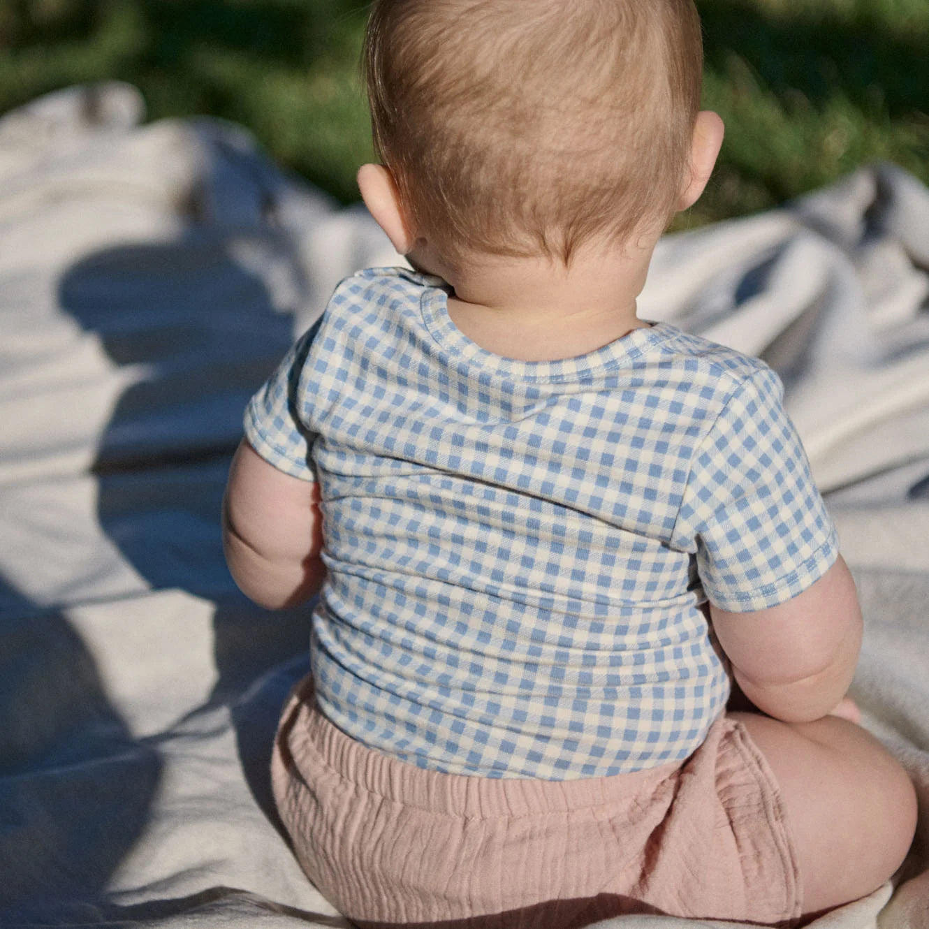 STRETCH JERSEY SHORT SLEEVE BODYSUIT - Blue Gingham | Nature Baby