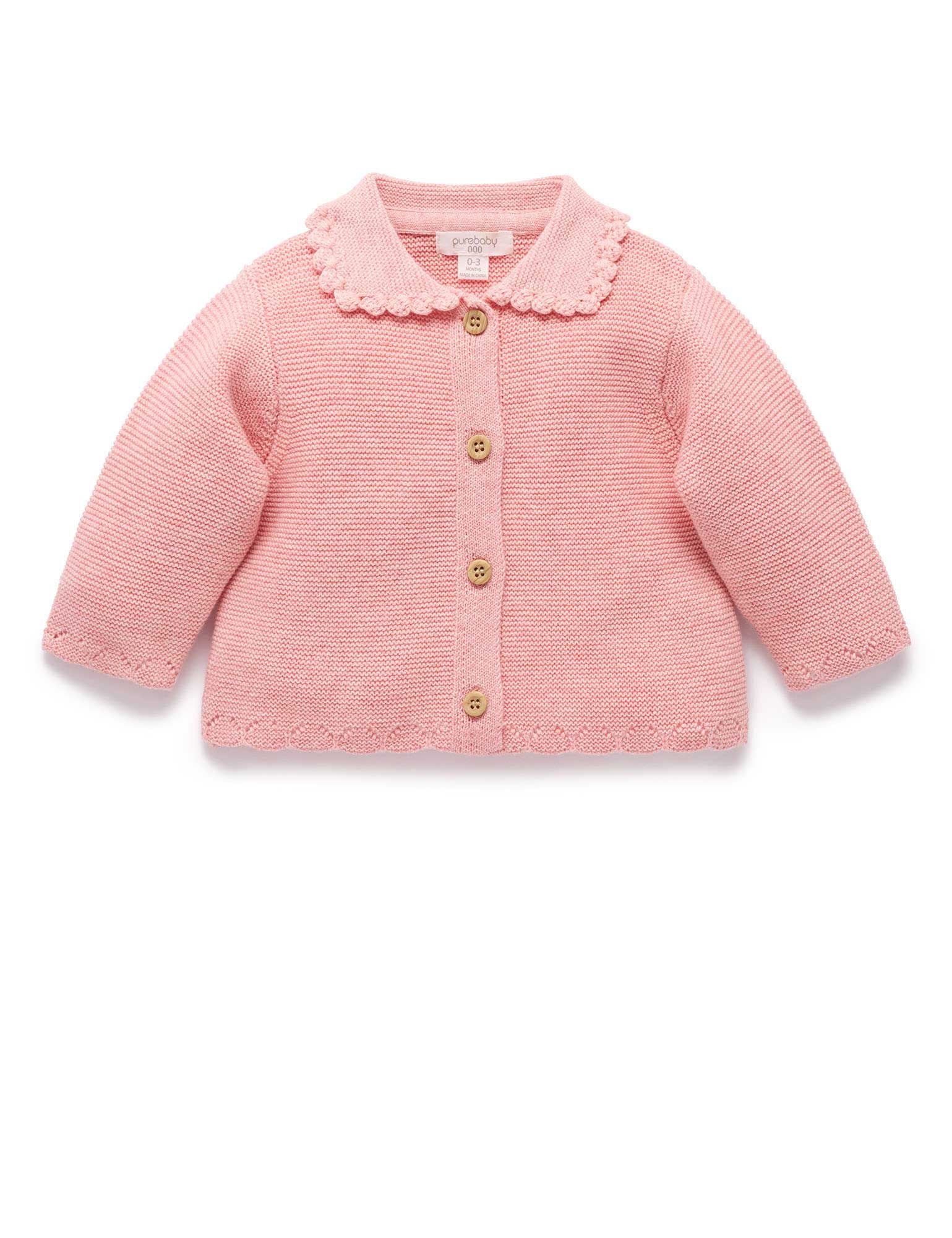 Crochet Collar Cardigan - Blush Melange | Purebaby