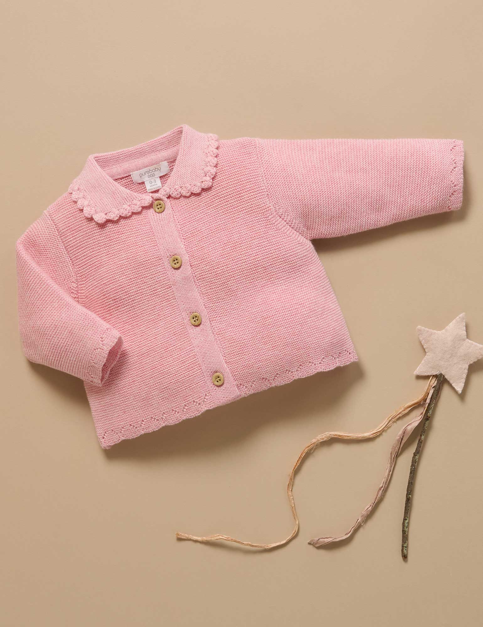 Crochet Collar Cardigan - Blush Melange | Purebaby