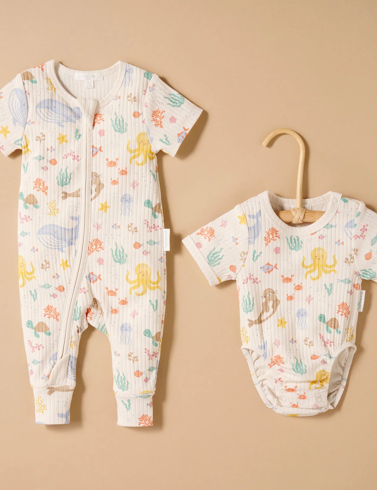 RIB ZIP GROWSUIT - HAPPY IN THE SEA PRINT | Purebaby