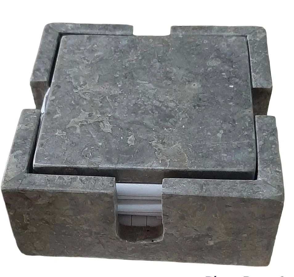 Square Marble Coaster Set In Holder - Grey | Blue Goose Imports