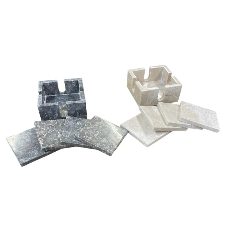 Square Marble Coaster Set In Holder - Grey | Blue Goose
