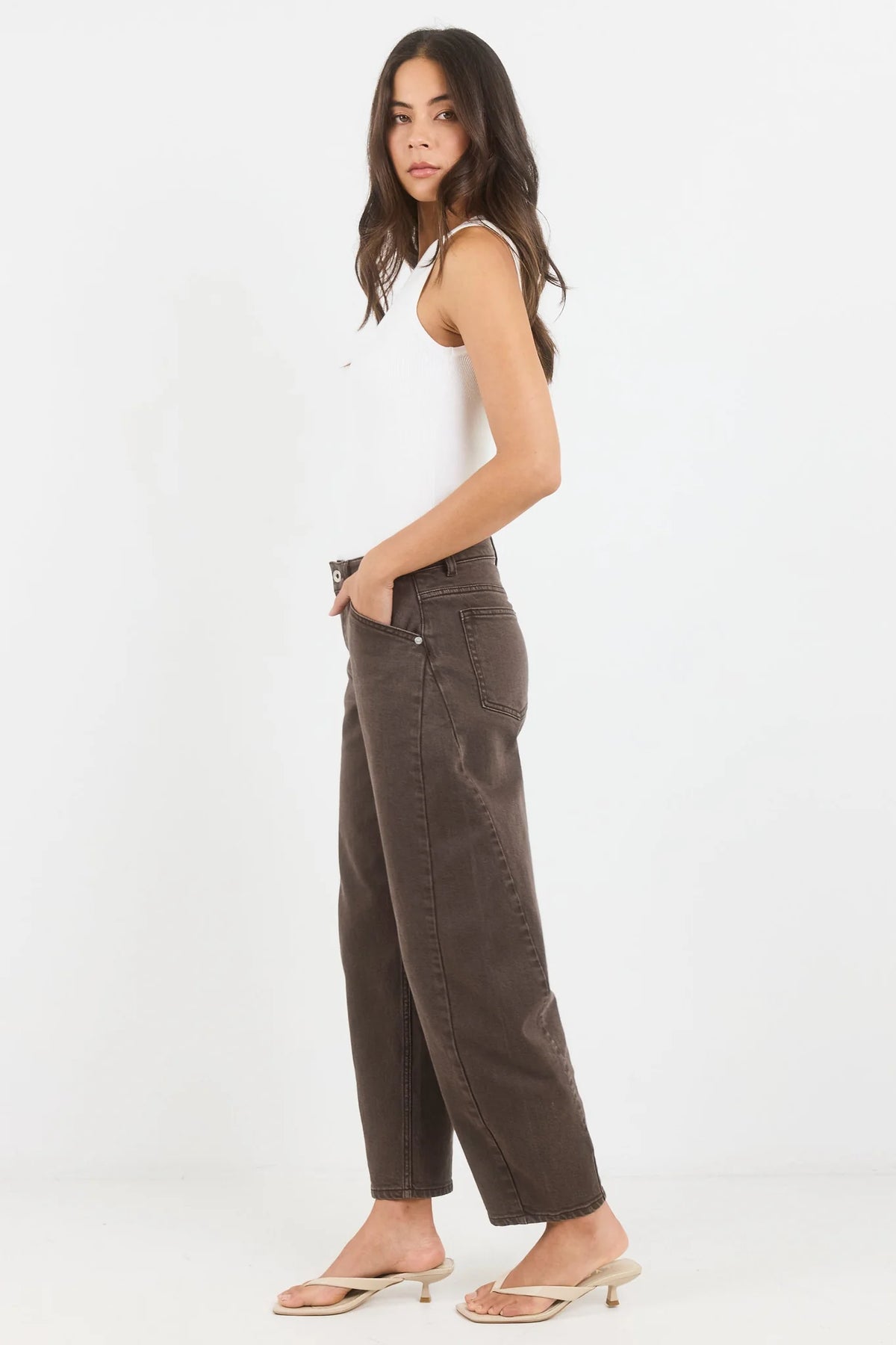 Idolise Mocha Stretch Soft Barrel Jeans | Stories Be Told
