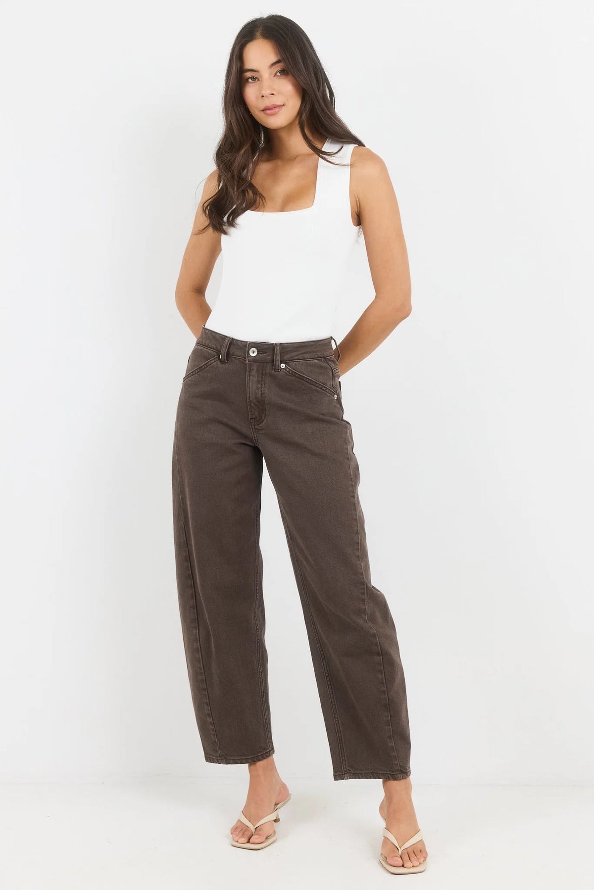 Idolise Mocha Stretch Soft Barrel Jeans | Stories Be Told
