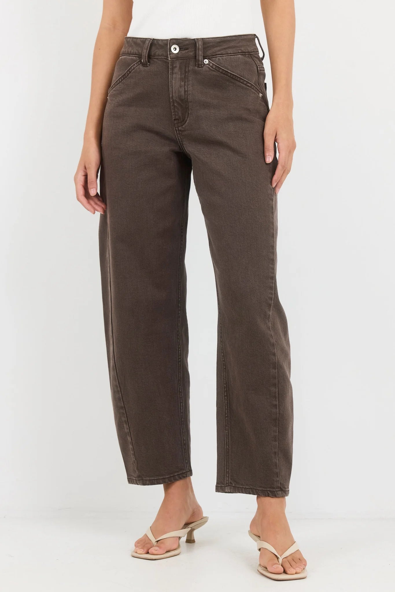 Idolise Mocha Stretch Soft Barrel Jeans | Stories Be Told