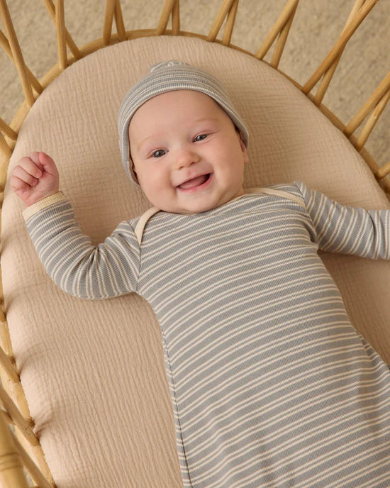 KNOTTED BABY GOWN + HAT SET || STEEL BLUE MICRO STRIPE | Quincy Mae