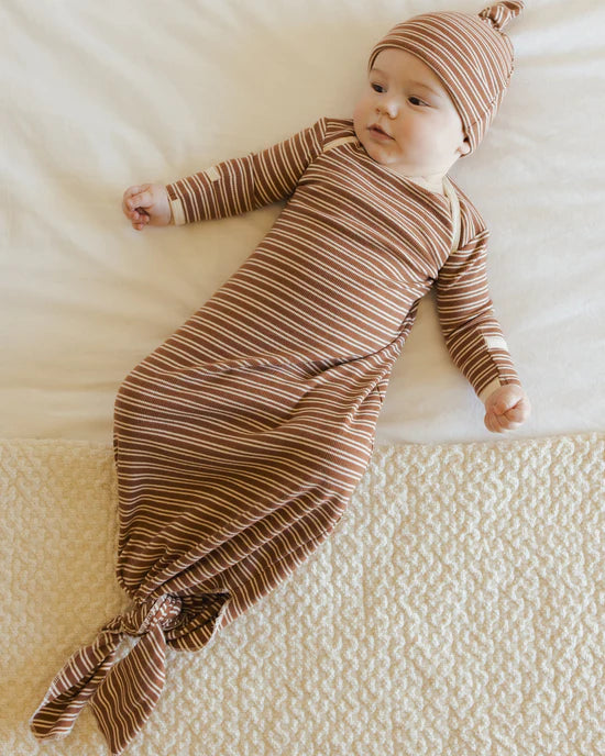 KNOTTED BABY GOWN + HAT SET OS  || CEDAR MICRO STRIPE | Quincy Mae