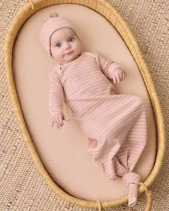 KNOTTED BABY GOWN + HAT SET DUSTY ROSE MICROSTRIPE - DUSTY-ROSE | Quincy Mae