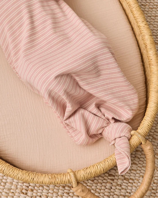 KNOTTED BABY GOWN + HAT SET DUSTY ROSE MICROSTRIPE - DUSTY-ROSE | Quincy Mae