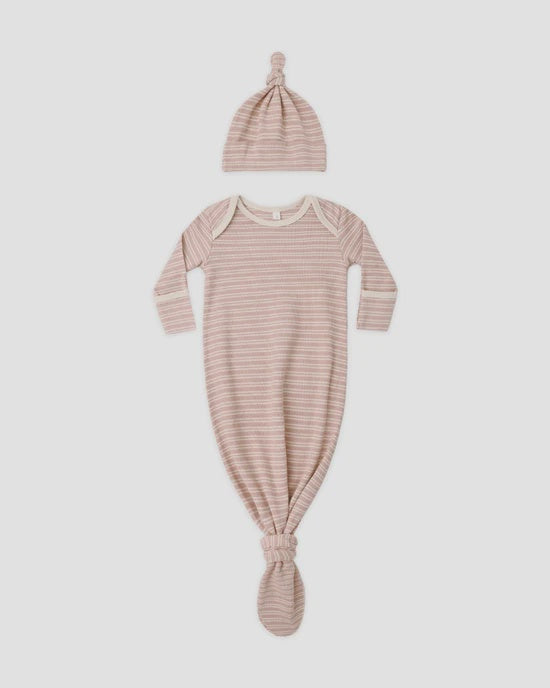 KNOTTED BABY GOWN + HAT SET DUSTY ROSE MICROSTRIPE - DUSTY-ROSE | Quincy Mae