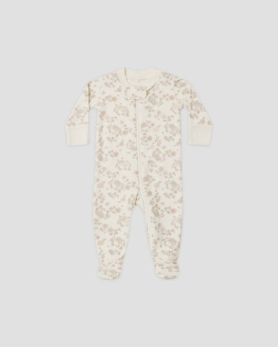 ZIP LONG SLEEVE SLEEPER FOOTIE FLORAL VINE - NATURAL | Quincy Mae