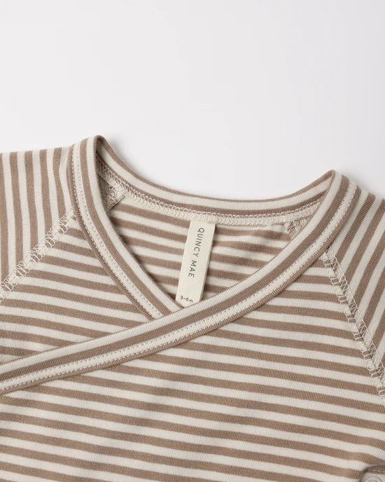 SIDE SNAP BODYSUIT + PANT SET ALMOND STRIPE - ALMOND | Quincy Mae