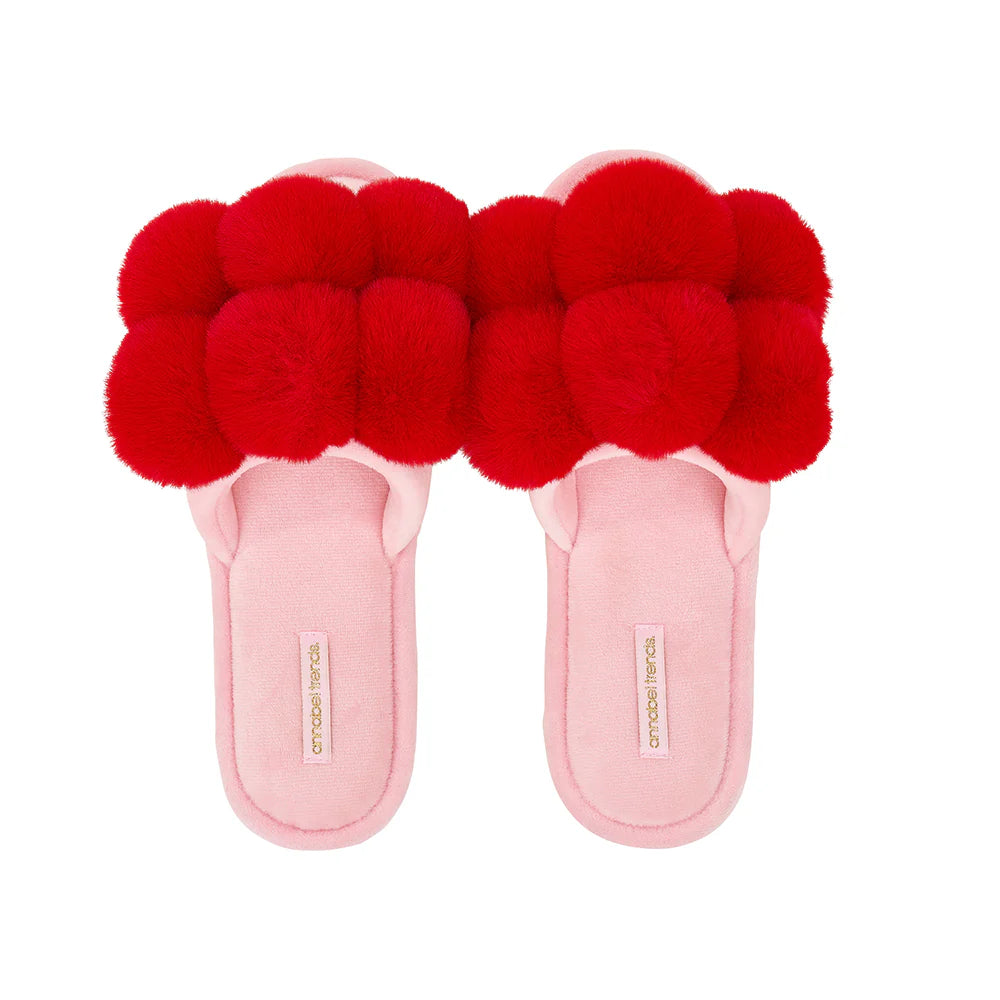 Pom Pom Slippers - Cosy Luxe - Cherry Red | Annabel Trends