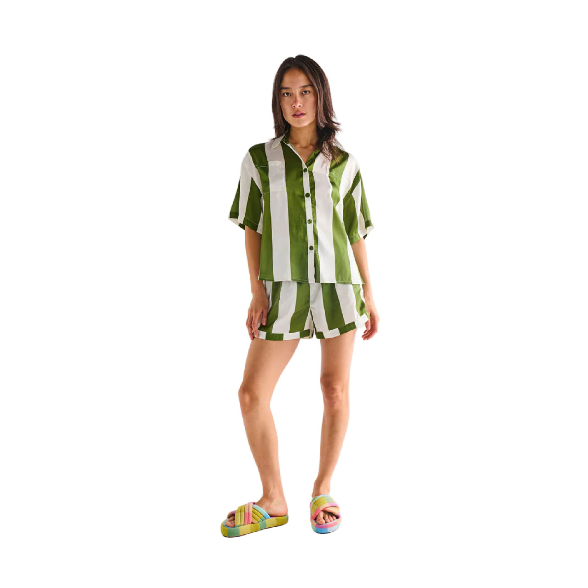 Moss Stripe Adult Eco Satin Short Sleeve Shirt & Short Pyjama Set | Kip & Co