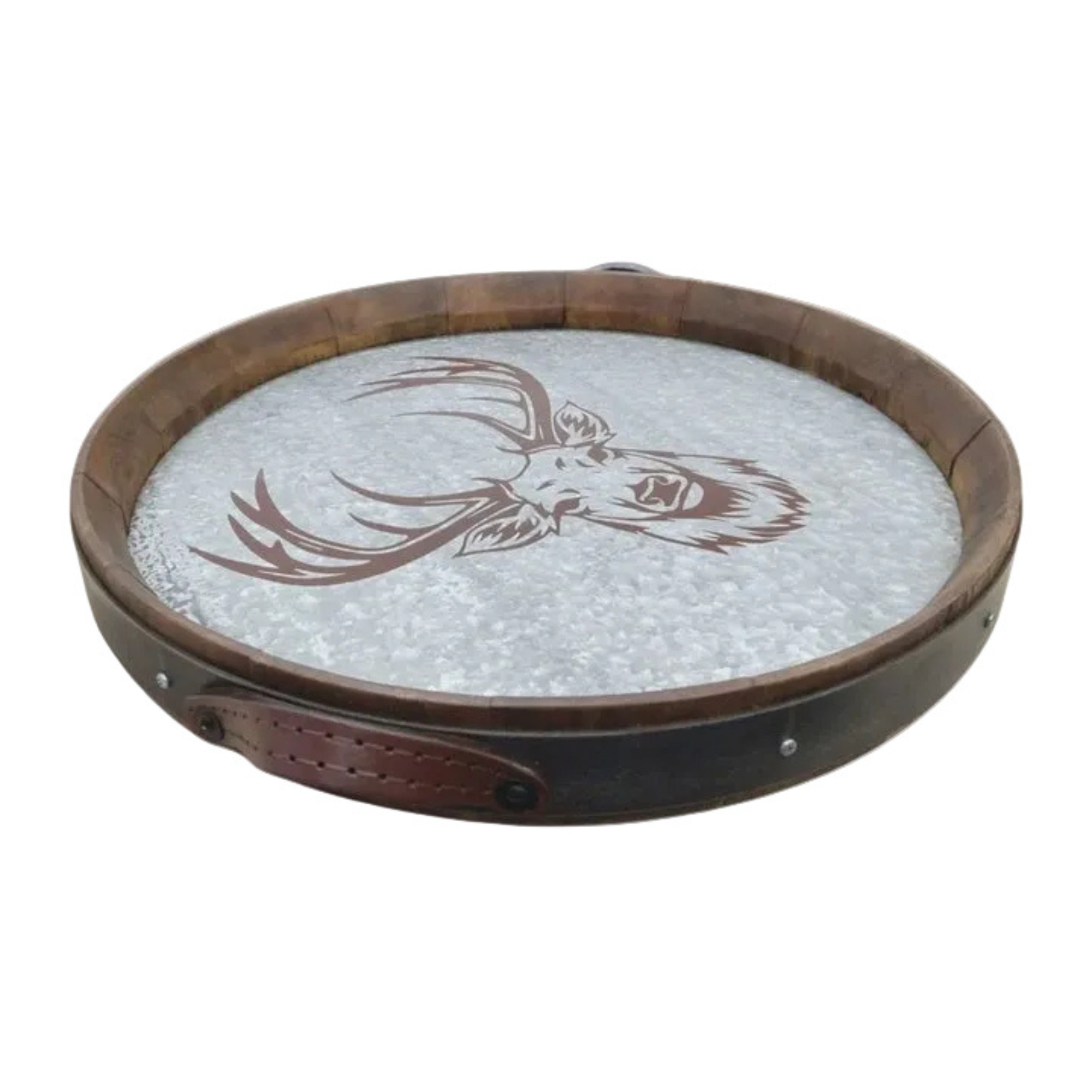 Round Barrel Tray - Zinc - Leather Handle | Blue Goose
