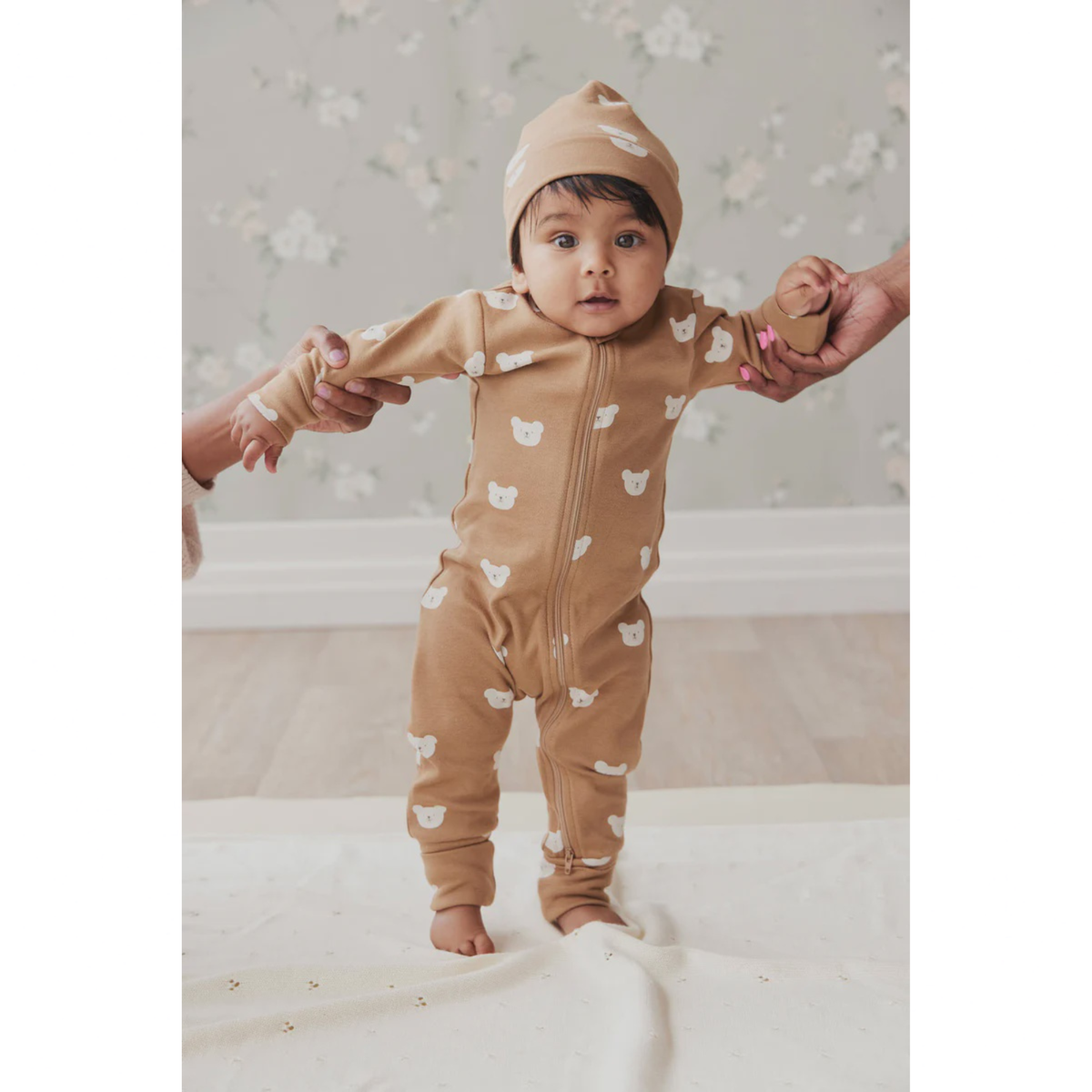 Organic Cotton Reese Zip Onepiece - Bears Caramel Cream | Jamie Kay