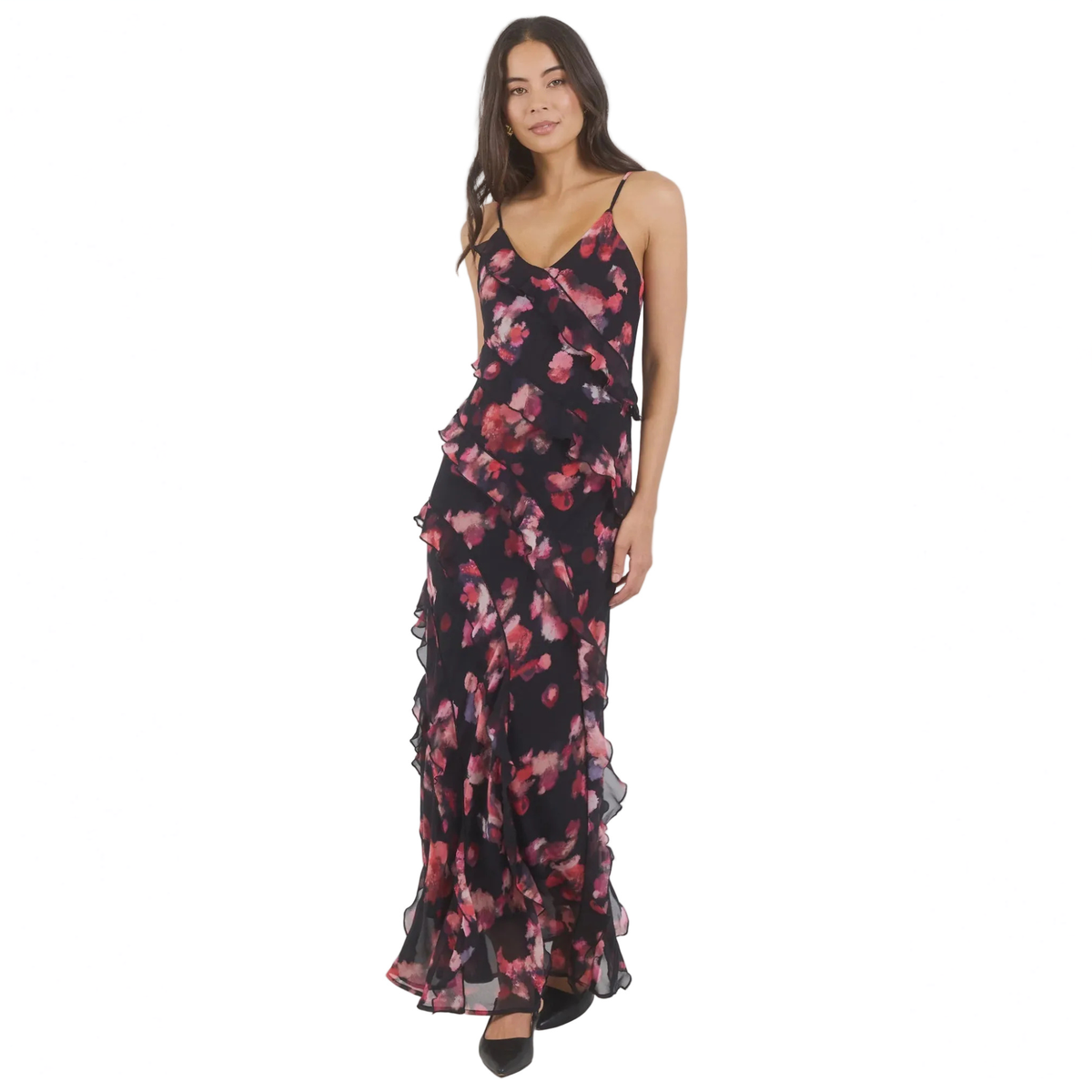 Galore Black Pink Abstract Print Bias Ruffle Slip Maxi Dress / Black Pink Abstract Print | Georgia Zoe