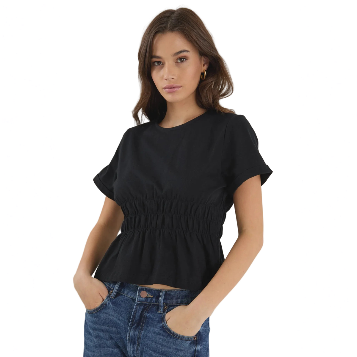 Svelte Black Shirred Detail SS Tee - Black | Among The Brave