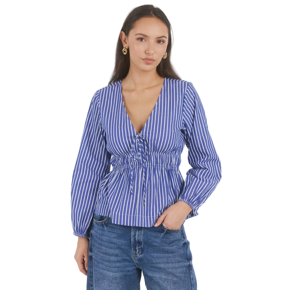 Belief Blue Stripe V Neck Fit and Flare Long Sleeve Top - Blue Stripe | Ivy + Jack