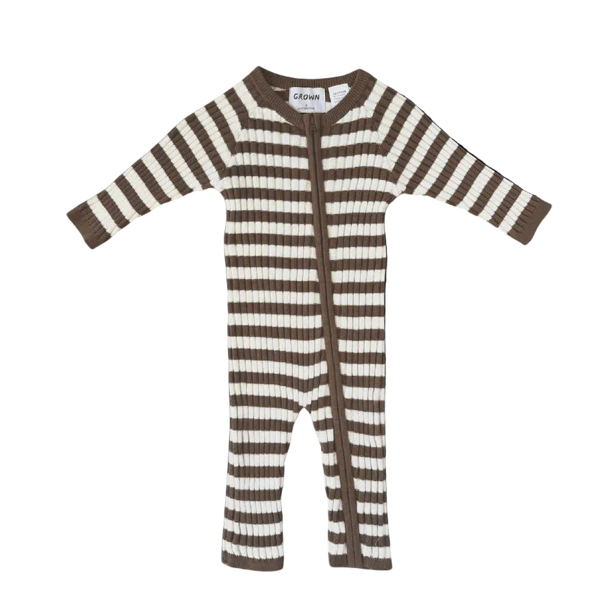 Organic Rib Stripe Knit Zipper Jumpsuit - Espresso & Milk | Grown