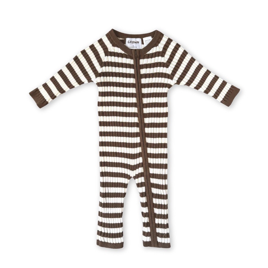 Organic Rib Stripe Knit Zipper Jumpsuit - Espresso & Milk | Grown
