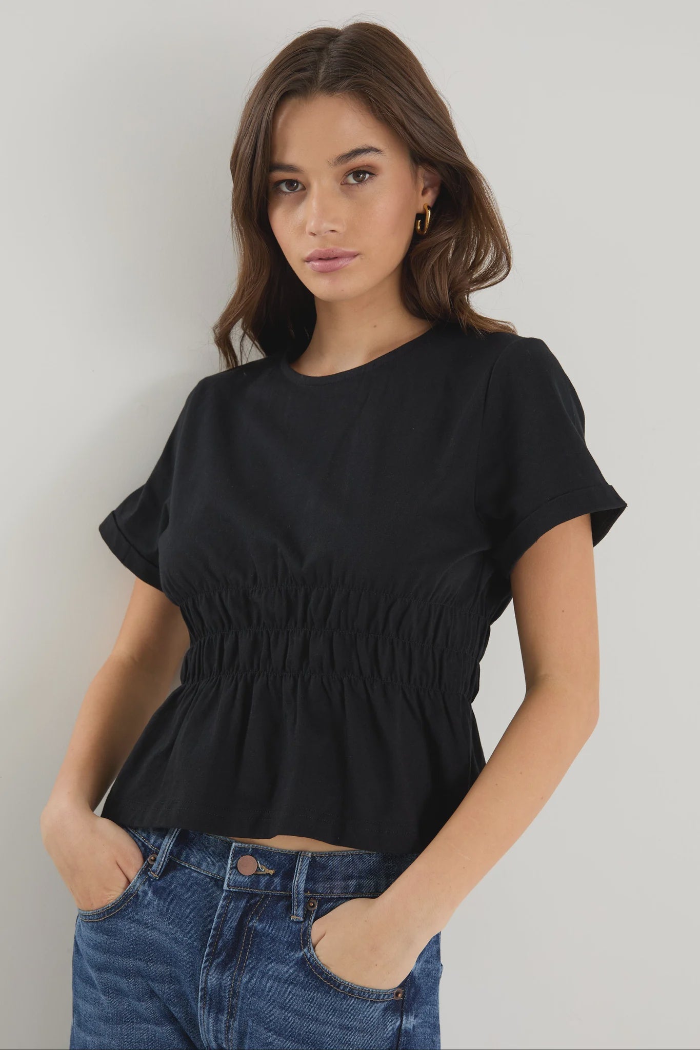 Svelte Black Shirred Detail SS Tee - Black | Among The Brave