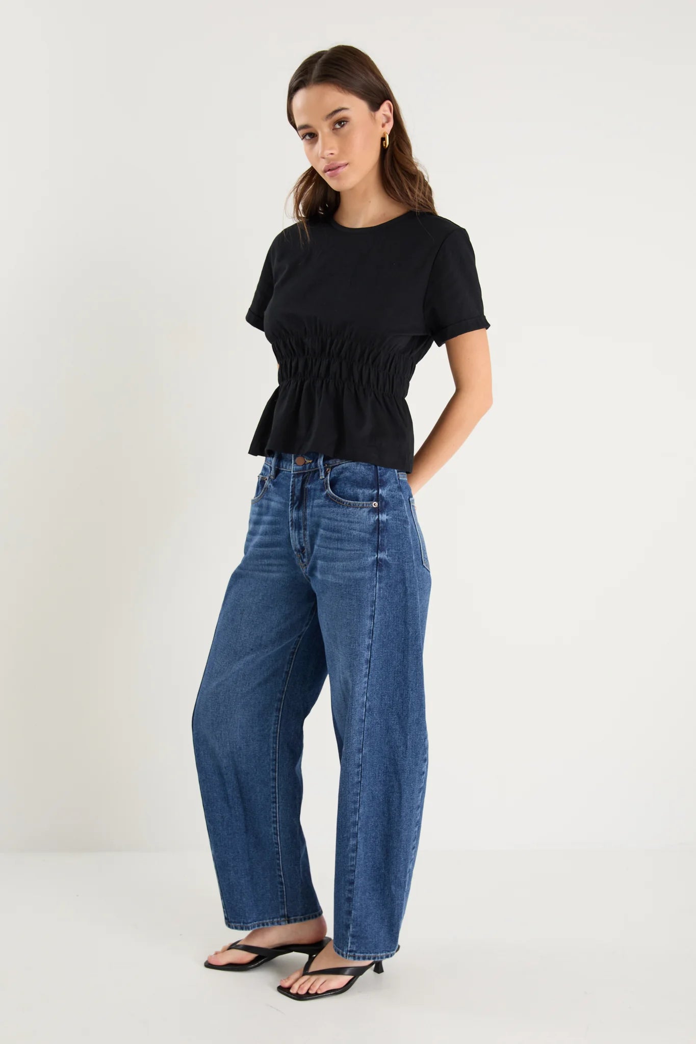 Svelte Black Shirred Detail SS Tee - Black | Among The Brave