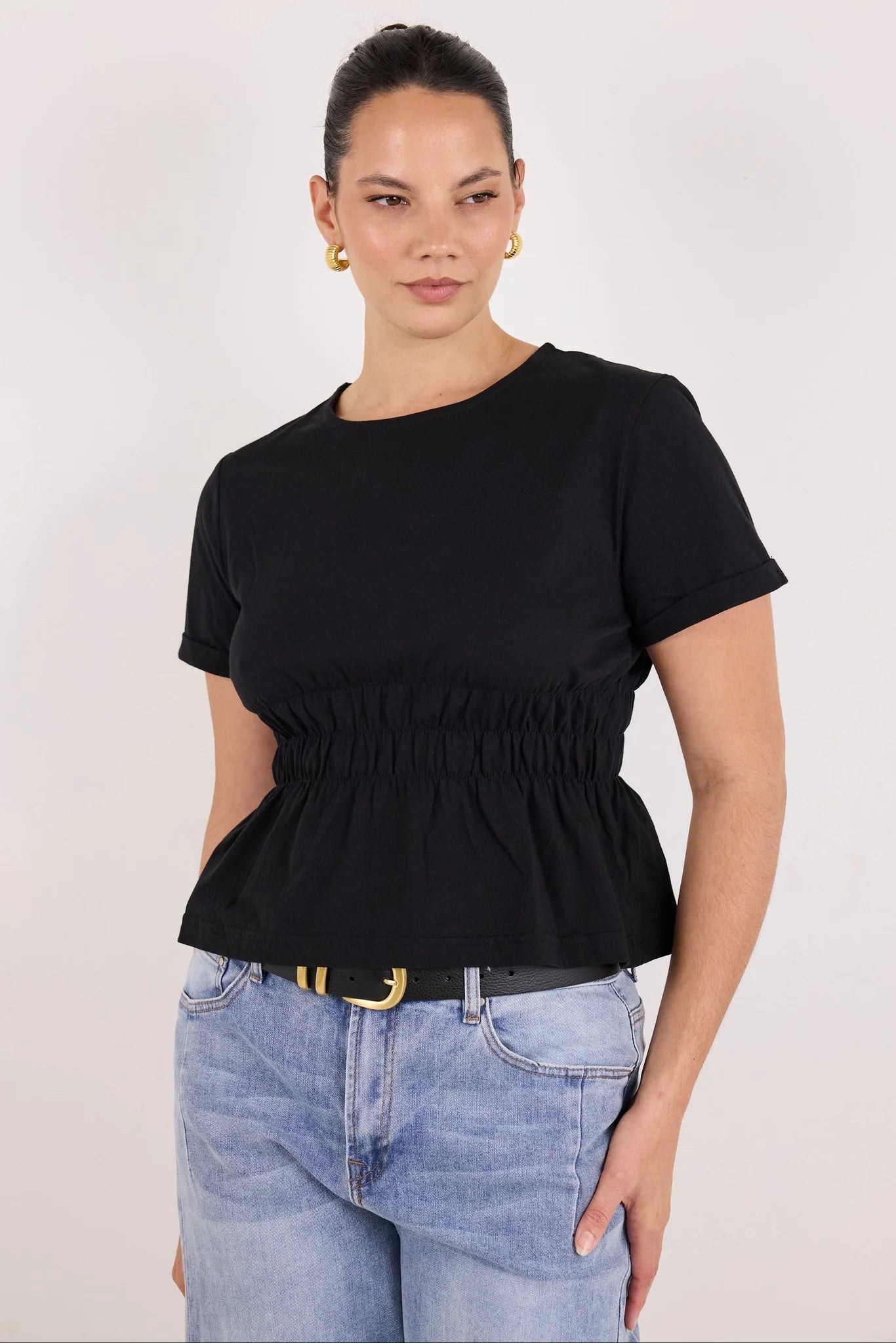 Svelte Black Shirred Detail SS Tee - Black | Among The Brave
