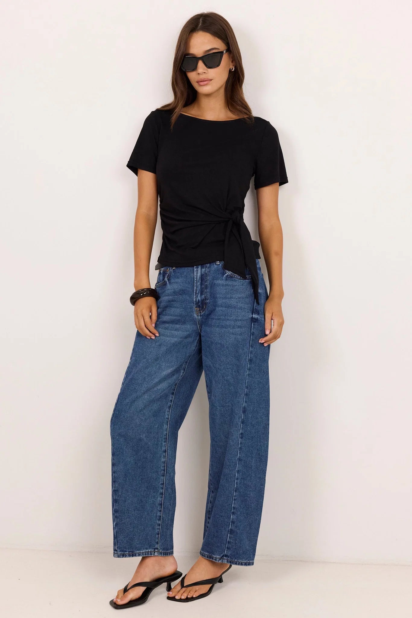 Turn Black Boat Neck Knot Front Short Sleeve Top - Black | Among The Brave