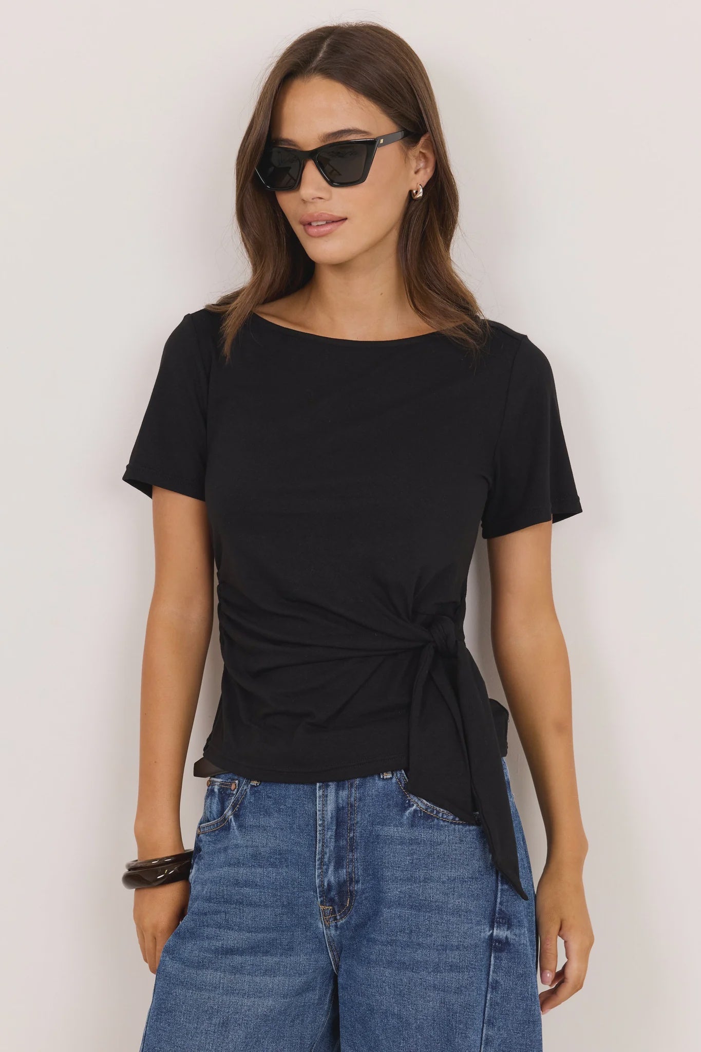Turn Black Boat Neck Knot Front Short Sleeve Top - Black | Among The Brave