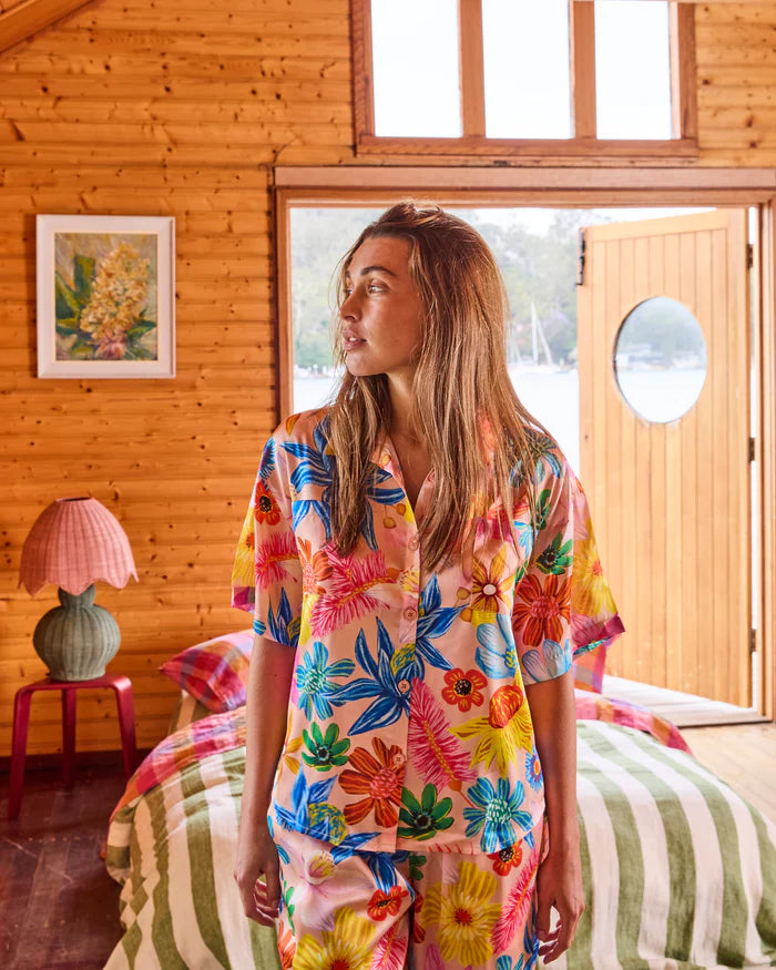 Wild Flowers In Bloom Adult Eco Satin Short Sleeve Shirt & Pant Pyjama Set | Kip & Co