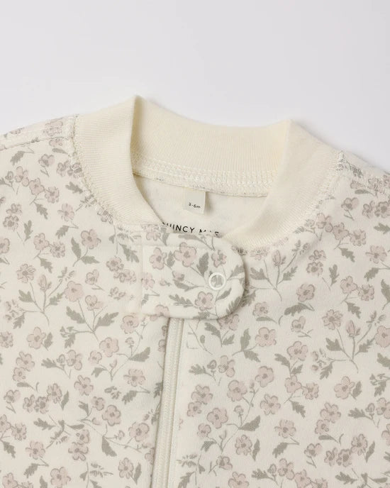 Zip Long Sleeve Sleeper Footie Floret - Ivory | Quincy Mae