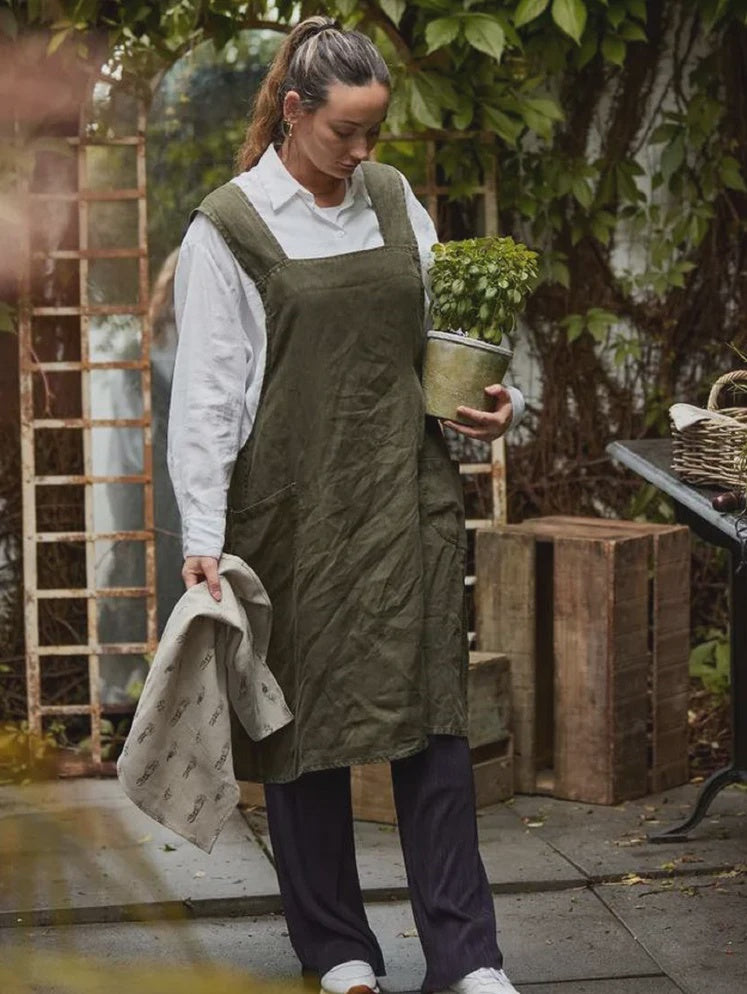 Cross Back Apron Army Green Stonewashed Linen | French Country