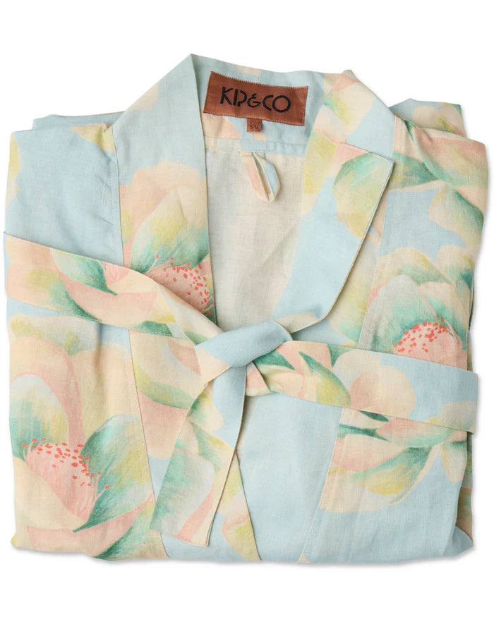 Big Beauty Floral Blue Linen Robe | Kip & Co