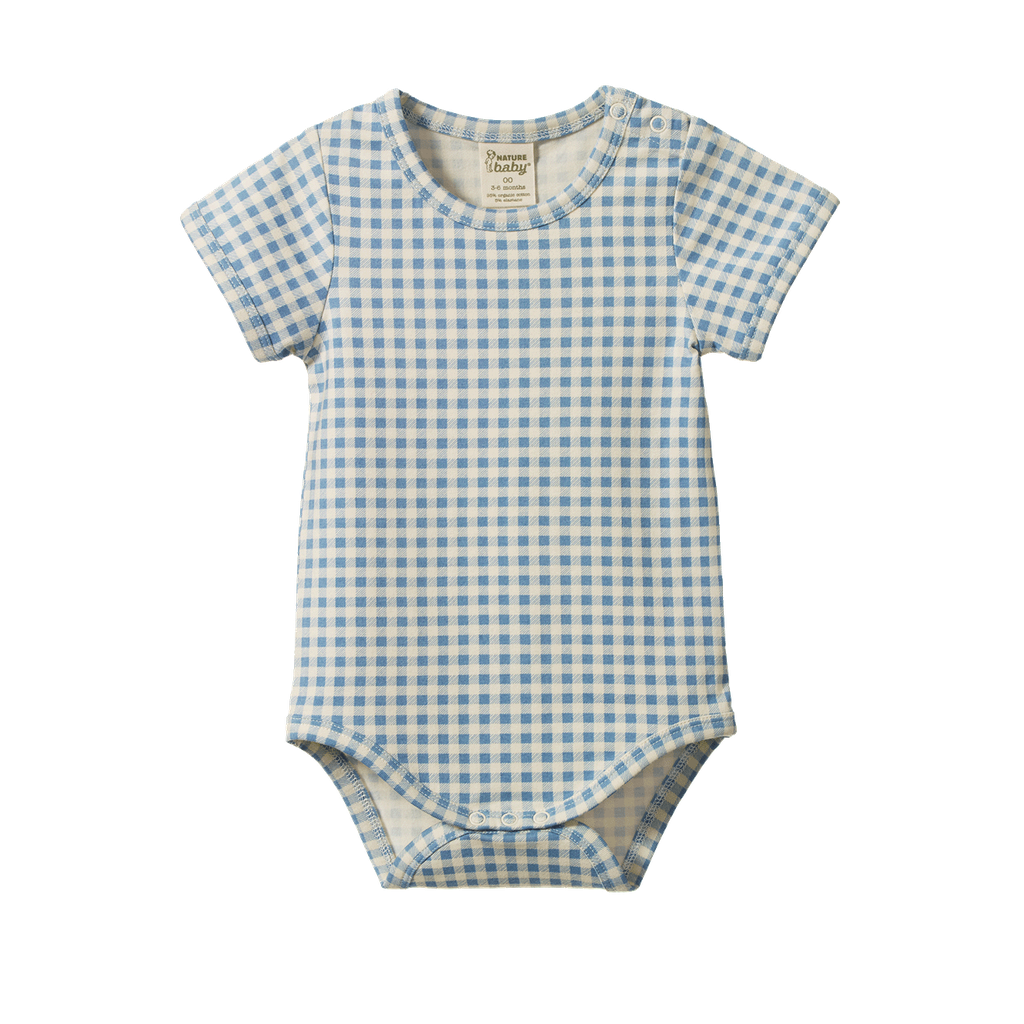 STRETCH JERSEY SHORT SLEEVE BODYSUIT - Blue  Gingham | Nature Baby