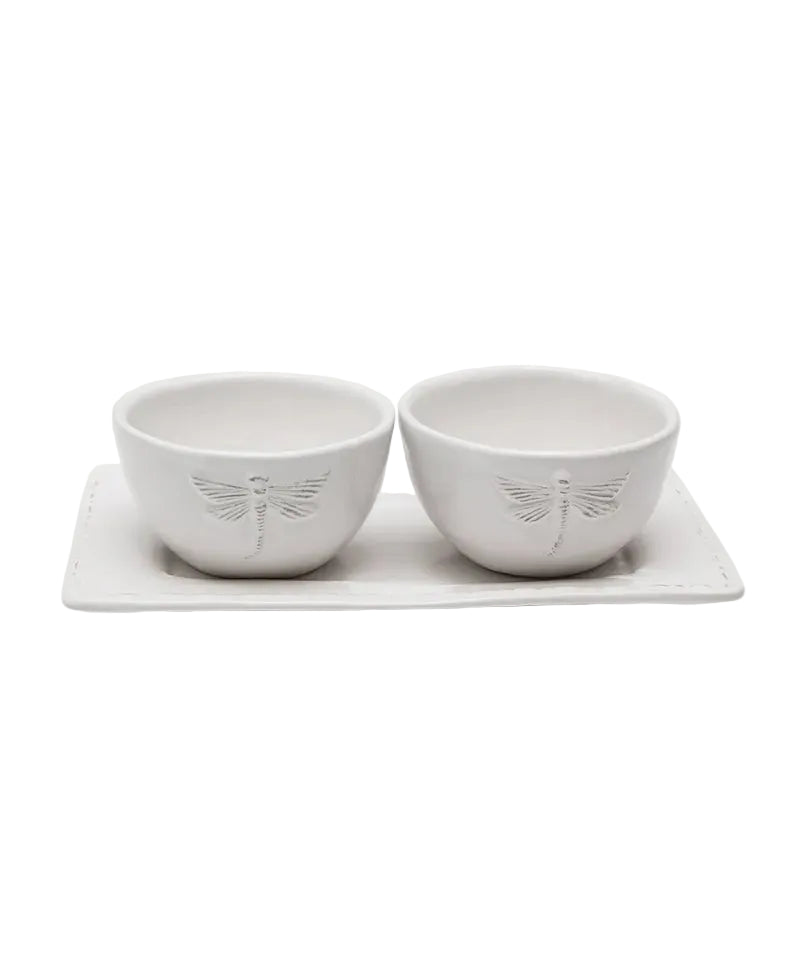 Dragonfly Stoneware White Condiment Set (3PC) | French Country