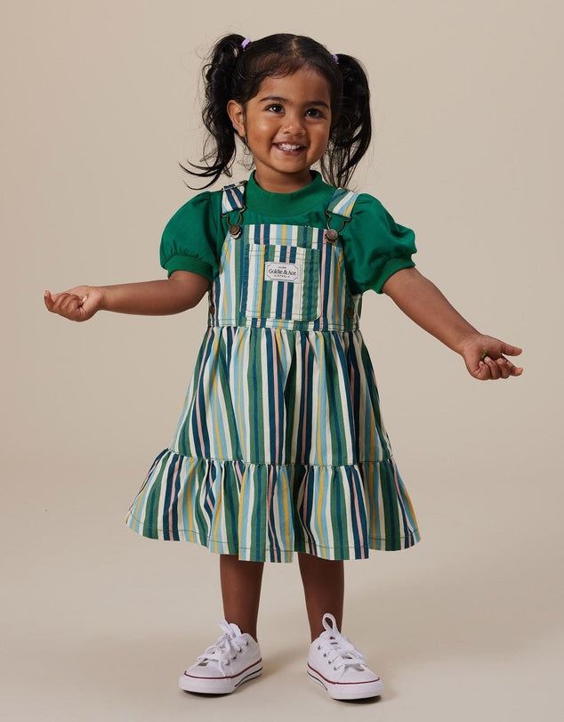 TULLY TIERED PINAFORE DRESS STRIPE EVERGREEN STRIPE | Goldie + Ace
