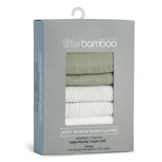 Little Bamboo Muslin Washers 6pk - Bayleaf | Little Linen