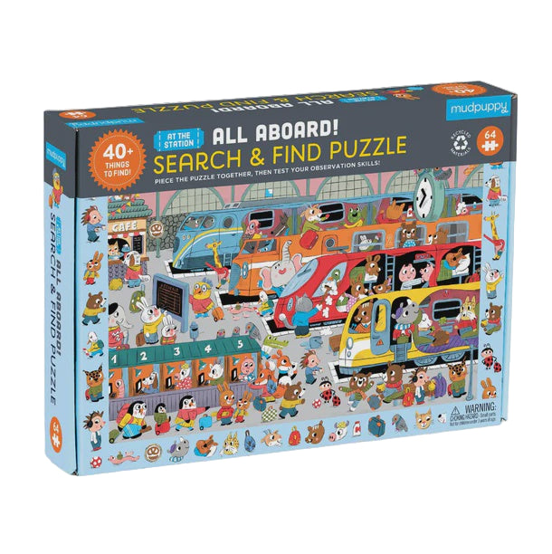 Search & Find All Aboard! Train Station 64 Piece Puzzle | Mudpuppy
