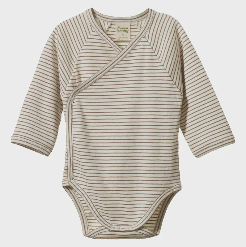 LONG SLEEVE KIMONO BODYSUIT - Mushroom  Pinstripe | Nature Baby