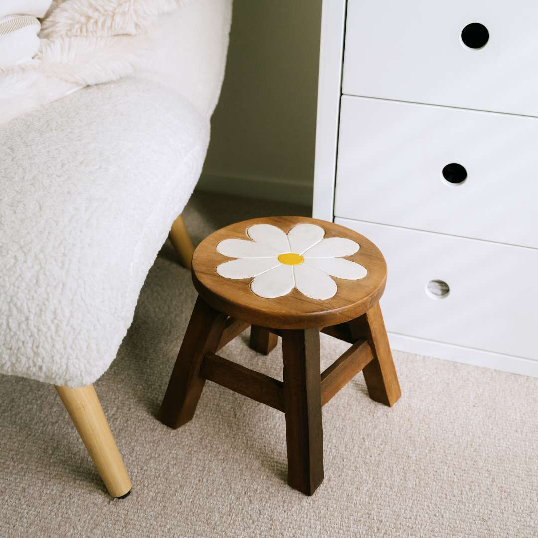 Wooden Kids Stool - White Daisy | Barron Imports