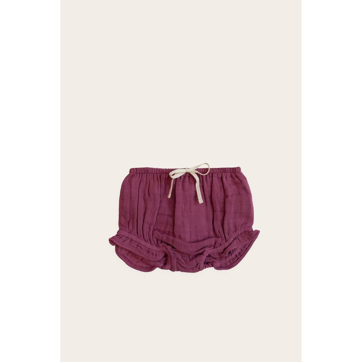 Organic Cotton Muslin Frill Bloomer - Damson | Jamie Kay