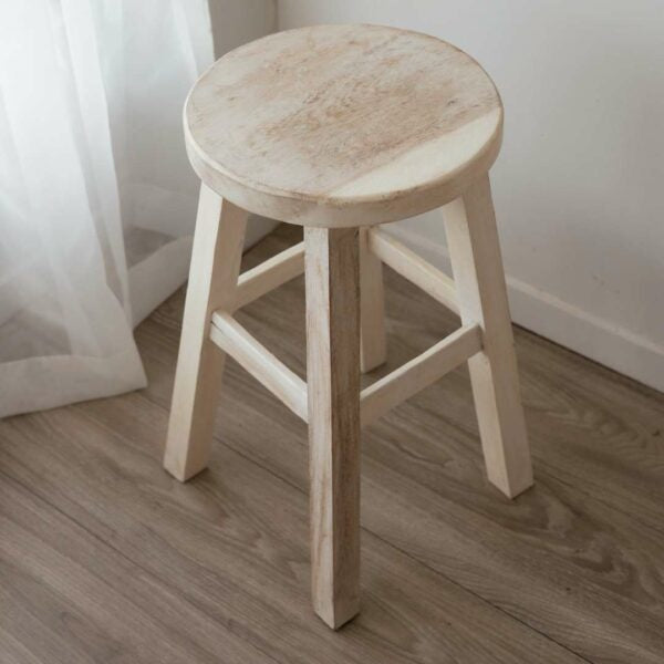 White Wash Wooden Stool - Round Top | Barron Imports