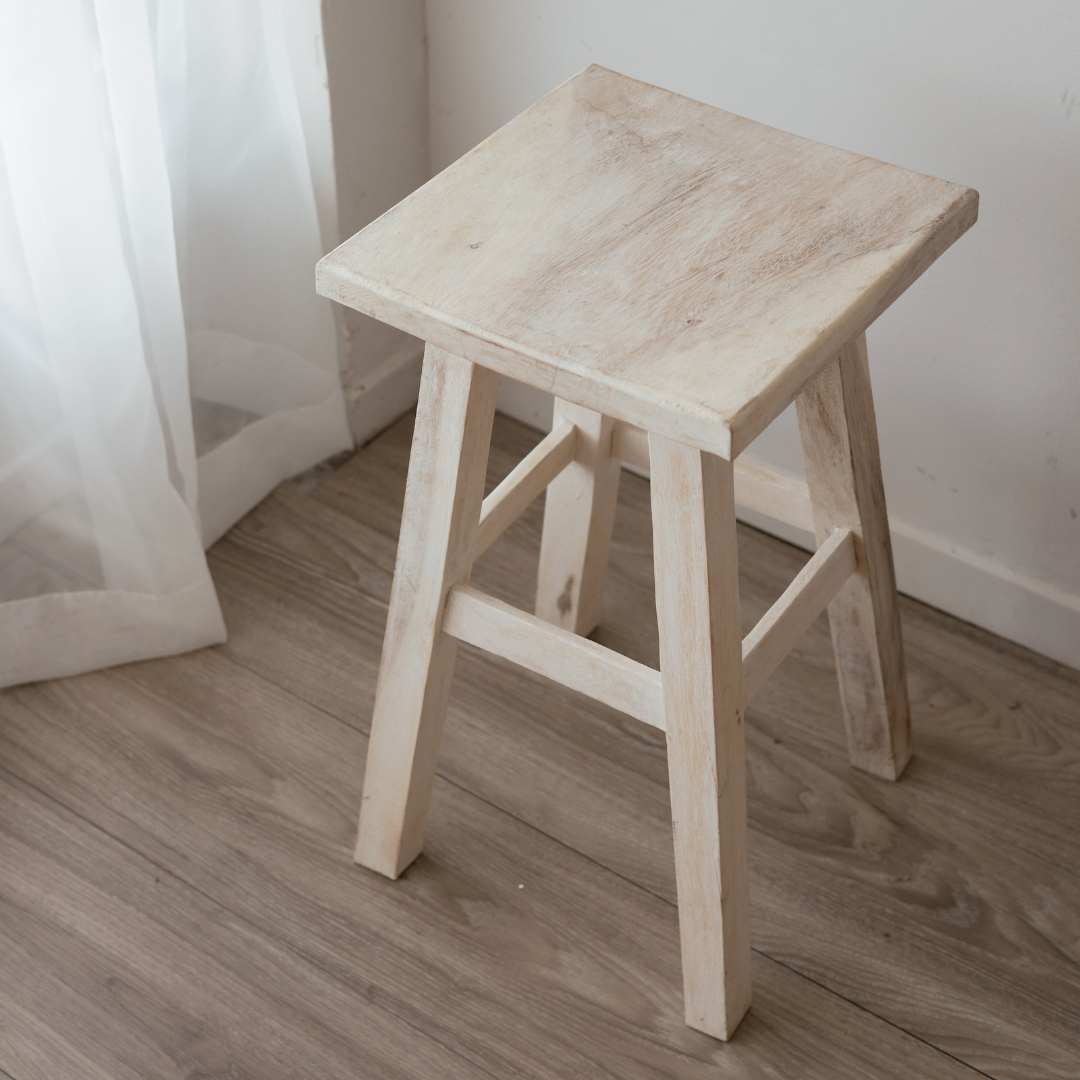 White Wash Wooden Stool - Square Top | Barron Imports